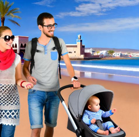 The scene depicts a family enjoying a peaceful and scenic environment in Agadir, perfect for a relaxing vacation with a baby