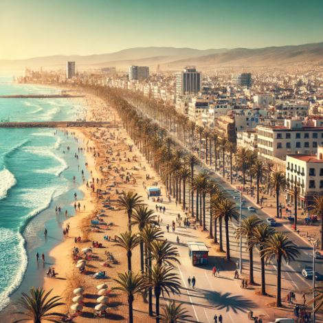 the essence of Agadir, Morocco, perfect for the article. It showcases the beautiful golden sands, clear blue waters, and the vibrant cityscape of Agadir, highlighting why it is a top destination for tourists.